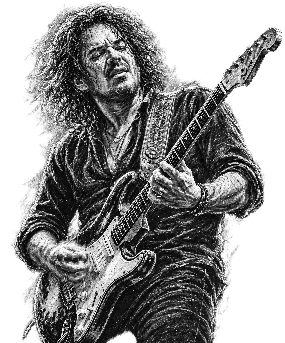 Chalk-style illustration of a guitarist playing an electric guitar