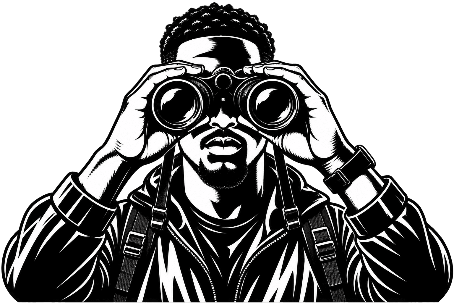 Illustrated person looking through binoculars